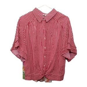 Umgee Mixed Print Ruffle Flare Sleeve Knotted Front Button Up Top Blouse Sz M